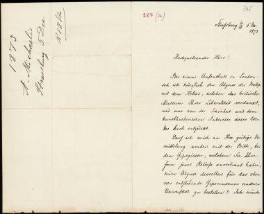 Letter sent by Michaelis, Adolf to Schliemann, Heinrich, 1873