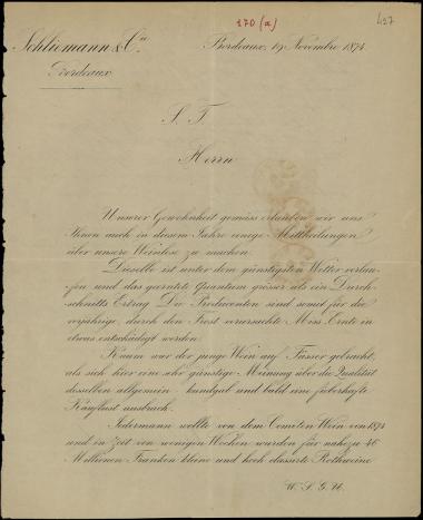 Letter sent by Schliemann & Co. to Schliemann, Heinrich, 1874