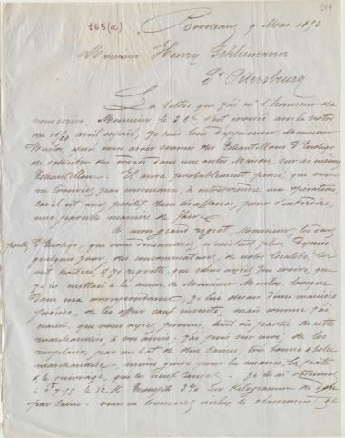 Letter sent by Fournier, Maurice to Schliemann, Heinrich, 1853