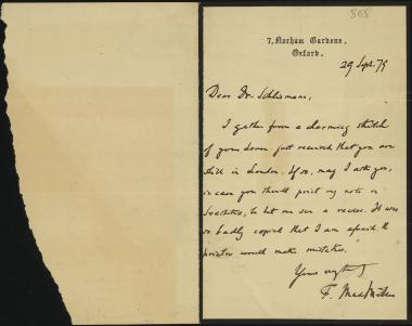 Letter sent by Müller, Max F. to Schliemann, Heinrich, 1879