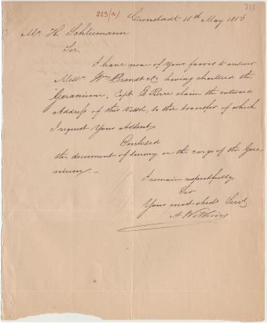 Letter sent by Wilkins, A. to Schliemann, Heinrich, 1856