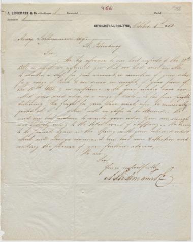 Letter sent by Leidemann, A. & Co. to Schliemann, Heinrich, 1853