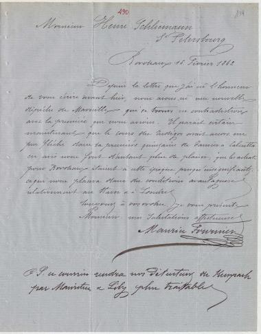 Letter sent by Fournier, Maurice to Schliemann, Heinrich, 1862