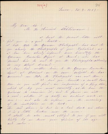 Letter sent by Todrons, Moharb. to Schliemann, Heinrich, 1887