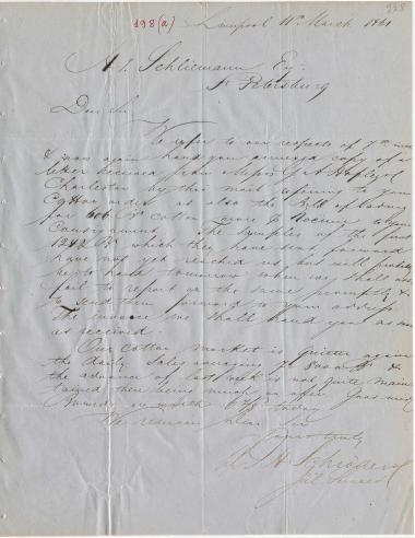 Letter sent by Schröder, Henry J. & Co. to Schliemann, Heinrich, 1861