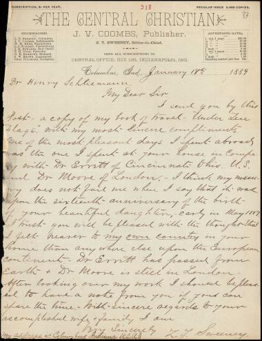 Letter sent by Sweeney, Z. T. to Schliemann, Heinrich, 1889