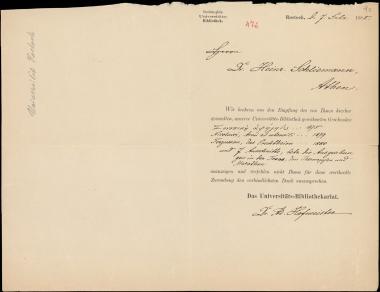 Letter sent by Universitäts-Bibliothek Rostock to Schliemann, Heinrich, 1885