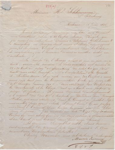 Letter sent by Fournier, Maurice to Schliemann, Heinrich, 1855