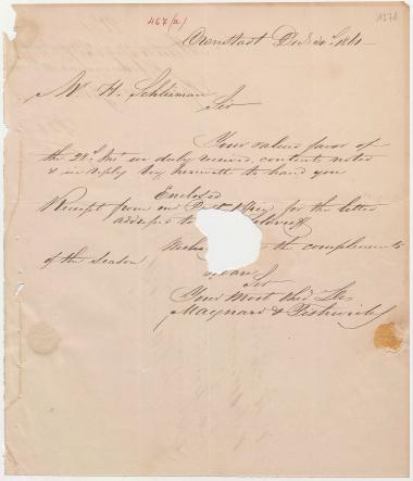 Letter sent by Maynard & Fishwicks to Schliemann, Heinrich, 1861
