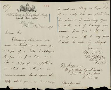 Letter sent by Rollit, A. K. to Schliemann, Heinrich, 1877