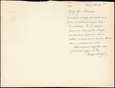 Letter sent by Nervegna, Giuseppe to Schliemann, Heinrich, 1889