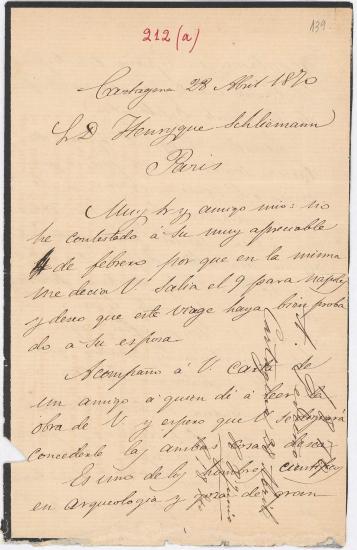 Letter sent by Pedreno, Andre to Schliemann, Heinrich, 1870