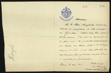 Letter sent by Bonghi, R. to Schliemann, Heinrich, 1885