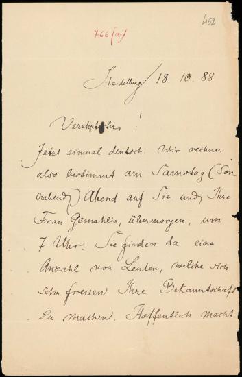 Letter sent by Uhlig, Gustav to Schliemann, Heinrich, 1888
