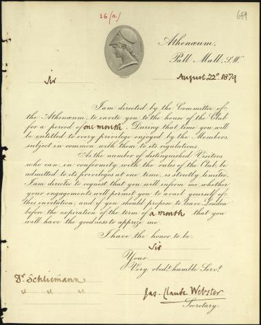 Letter sent by Athenaeum Club to Schliemann, Heinrich, 1879