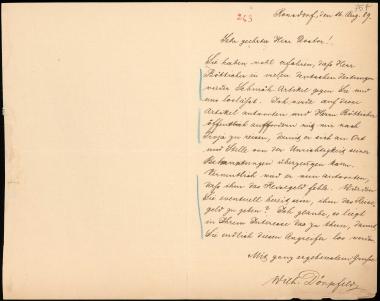 Letter sent by Dörpfeld, Wilhelm to Schliemann, Heinrich, 1889
