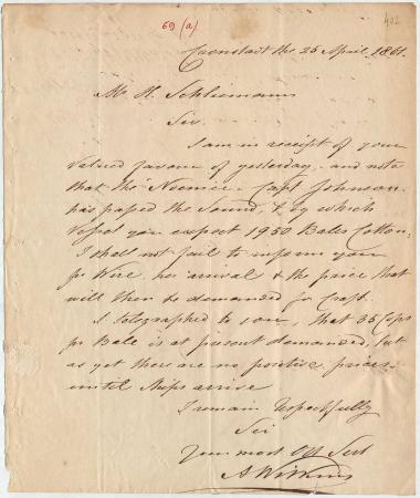 Letter sent by Wilkins, A. to Schliemann, Heinrich, 1861