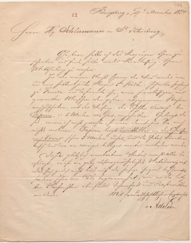 Letter sent by Adelson, Jacob to Schliemann, Heinrich, 1854
