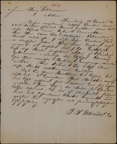 Letter sent by Schröder, Henry J. & Co. to Schliemann, Heinrich, 1874
