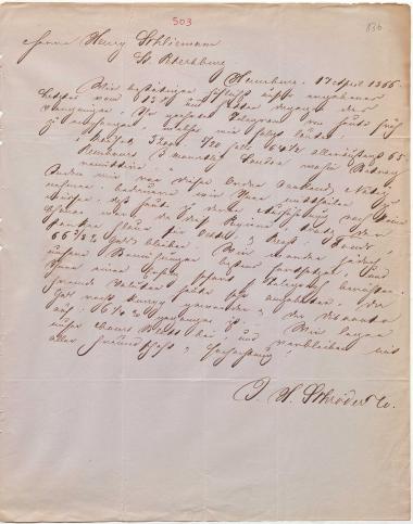 Letter sent by Schröder, Henry J. & Co. to Schliemann, Heinrich, 1866