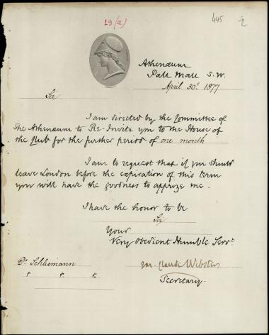 Letter sent by Athenaeum Club to Schliemann, Heinrich, 1877