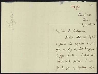 Letter sent by Sayce, Archibald Henry to Schliemann, Heinrich, 1880
