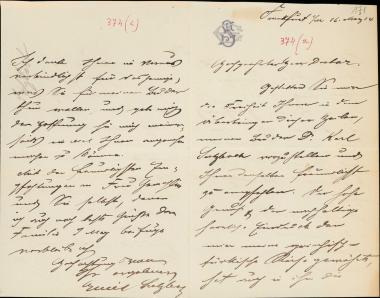 Letter sent by Sulzbach, Emil to Schliemann, Heinrich, 1884