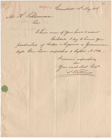 Letter sent by Wilkins, A. to Schliemann, Heinrich, 1856