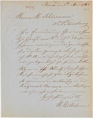 Letter sent by Wibbelmann, Hermann to Schliemann, Heinrich, 1863