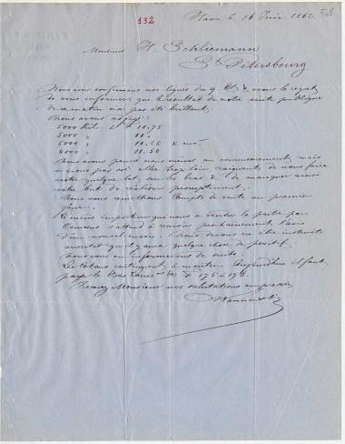 Letter sent by Langer, Wanner & Co. to Schliemann, Heinrich, 1862