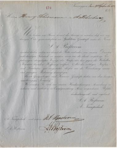 Letter sent by Bostroem, J. A. to Schliemann, Heinrich, 1855