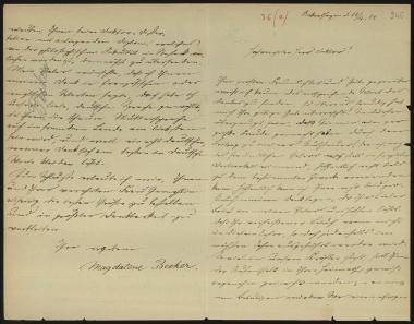 Letter sent by Becker, Magdalene to Schliemann, Heinrich, 1882
