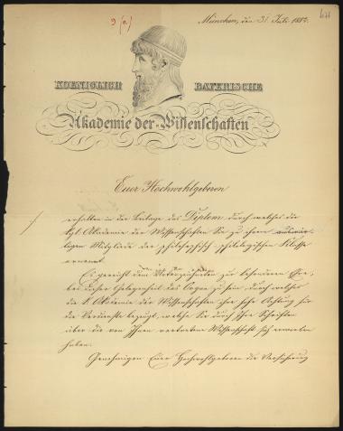 Letter sent by Die Königlich Bayerische Akademie der Wissenschaften to Schliemann, Heinrich, 1882