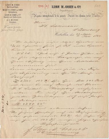 Letter sent by Cohn, Lion M. & Co. to Schliemann, Heinrich, 1862