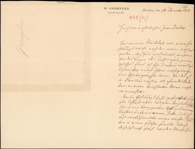 Letter sent by Grempler, ? to Schliemann, Heinrich, 1884