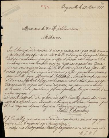Letter sent by Chantiri, Kalil to Schliemann, Heinrich, 1889