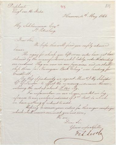 Letter sent by Fesser, F. & Co. to Schliemann, Heinrich, 1866