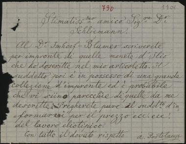 Letter sent by Ποστολάκας, Αχιλλεύς to Schliemann, Heinrich, 1879