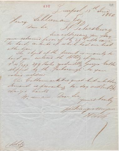 Letter sent by Prange & Meyer to Schliemann, Heinrich, 1860