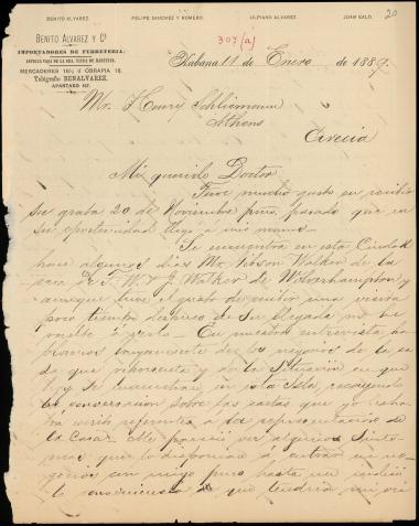 Letter sent by Ealo, Juan to Schliemann, Heinrich, 1889