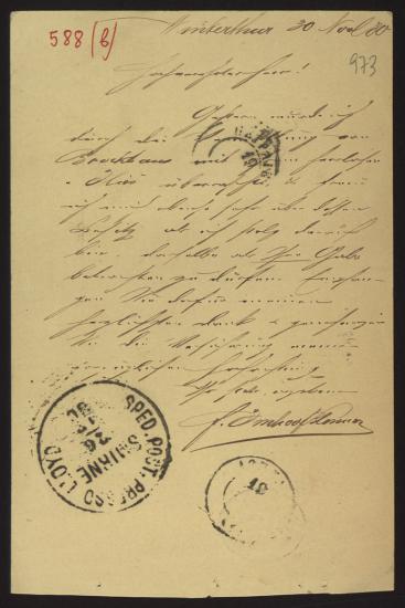 Letter sent by Imhoof-Blumer, Friedrich to Schliemann, Heinrich, 1880