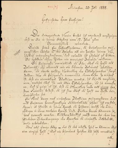 Letter sent by Bachmaier, Anton to Schliemann, Heinrich, 1888