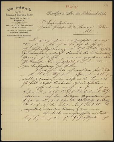 Letter sent by Frohnknecht, Wilh. to Schliemann, Heinrich, 1882