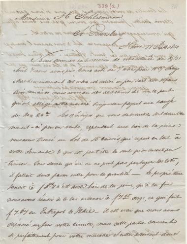 Letter sent by Schröder, Anth. & Co. to Schliemann, Heinrich, 1850