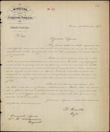 Letter sent by Ministro della Instruzione Publica to Schliemann, Heinrich, 1875