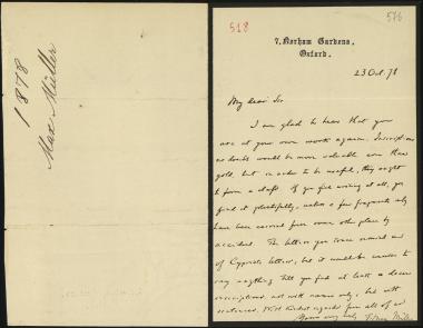 Letter sent by Müller, Max F. to Schliemann, Heinrich, 1878