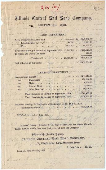 Letter sent by Illinois Central R. R. Company to Schliemann, Heinrich, 1868