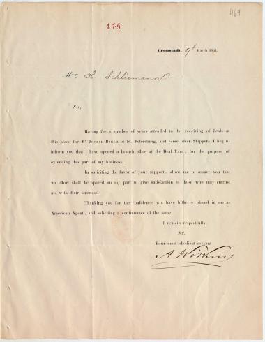 Letter sent by Wilkins, A. to Schliemann, Heinrich, 1863