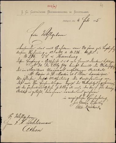 Letter sent by Cotta, J. G. to Schliemann, Heinrich, 1875