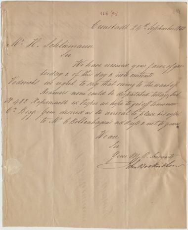 Letter sent by Booker, John & Son to Schliemann, Heinrich, 1853